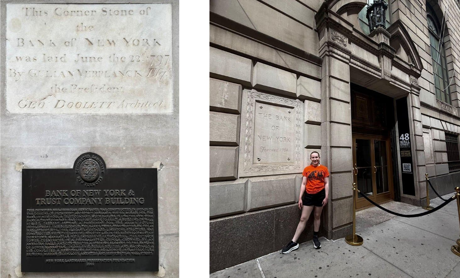 Cornerstone and landmark plaques for the Bank of New York, and Sophia DeGregorio standing beside the plaque at 48 Wall Street